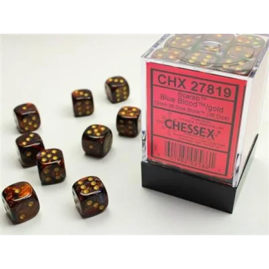 Scarab Blue Blood/Gold D6 12Mm Dobbelsteen Set (36 Stuks)